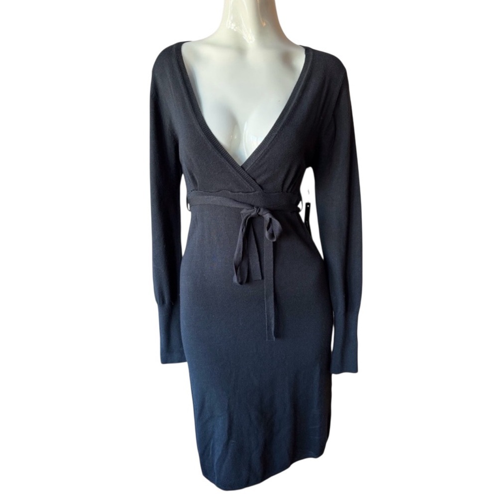 BCBG Elegant Black Faux Sweater Wrap Dress SIZE SMALL Long Sleeve w Belt